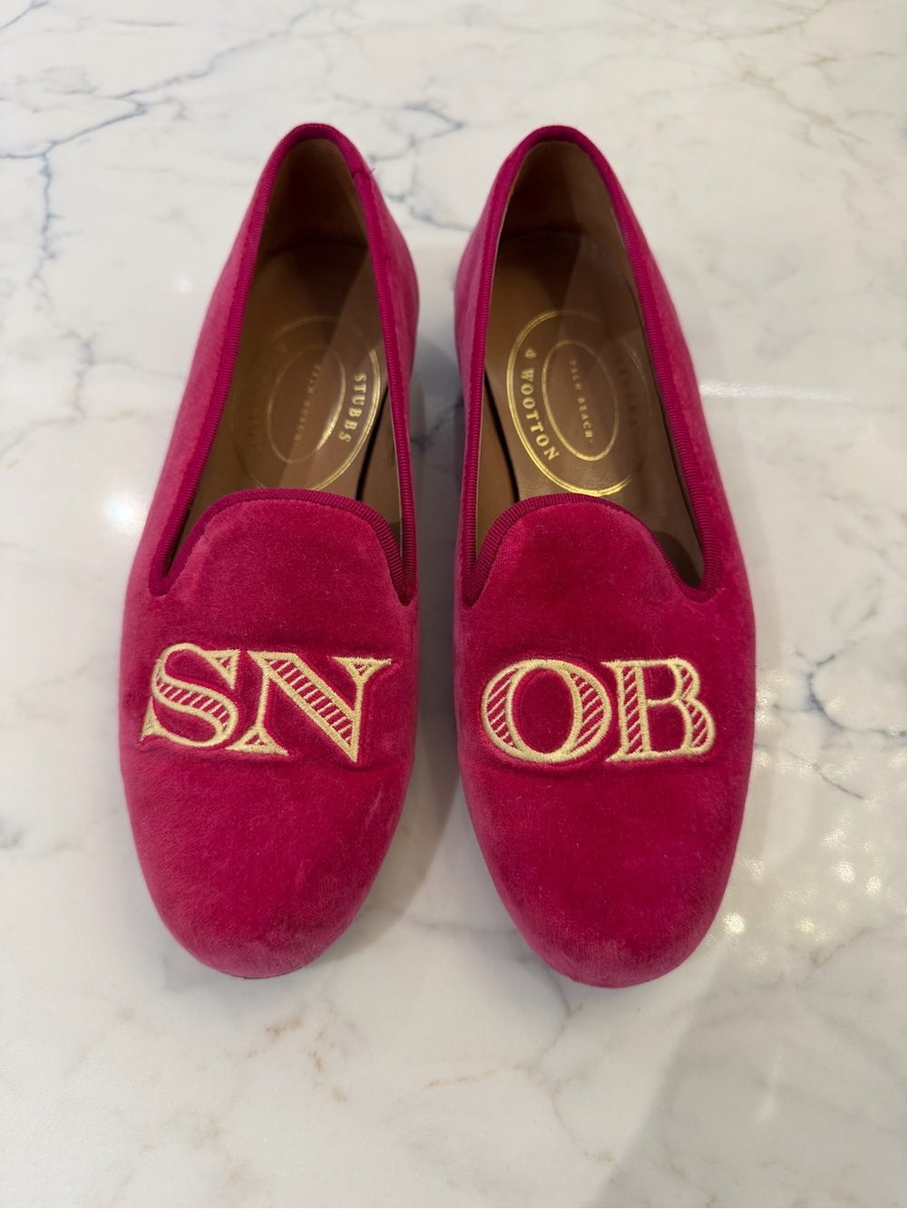 Stubbs & Wootton Pink Velvet Monogram Slippers – Women’s Size 6.5